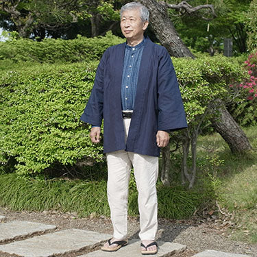 袢纏八分丈 平織り正藍染(濃紺)春夏向け高級半纏 クロップド丈(八分丈)