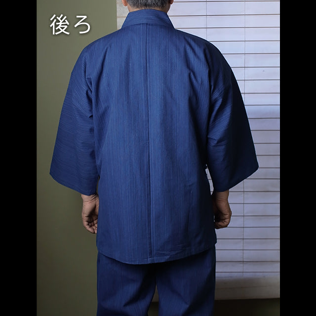 藍染刺子織り作務衣 武州正藍染めクラシック(浅葱/縦縞スカイブルー)