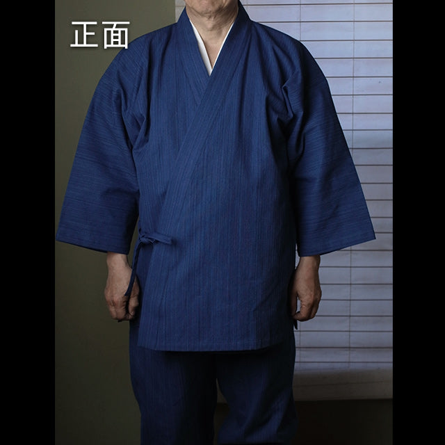 藍染刺子織り作務衣 武州正藍染めクラシック(浅葱/縦縞スカイブルー)