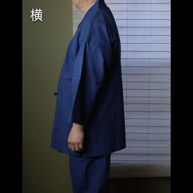 藍染刺子織り作務衣 武州正藍染めクラシック(浅葱/縦縞スカイブルー)