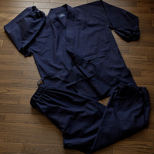 藍染平織り寺院作務衣 武州正藍染寺院 薄手 (濃紺/dark indigo blue)【春夏向け】
